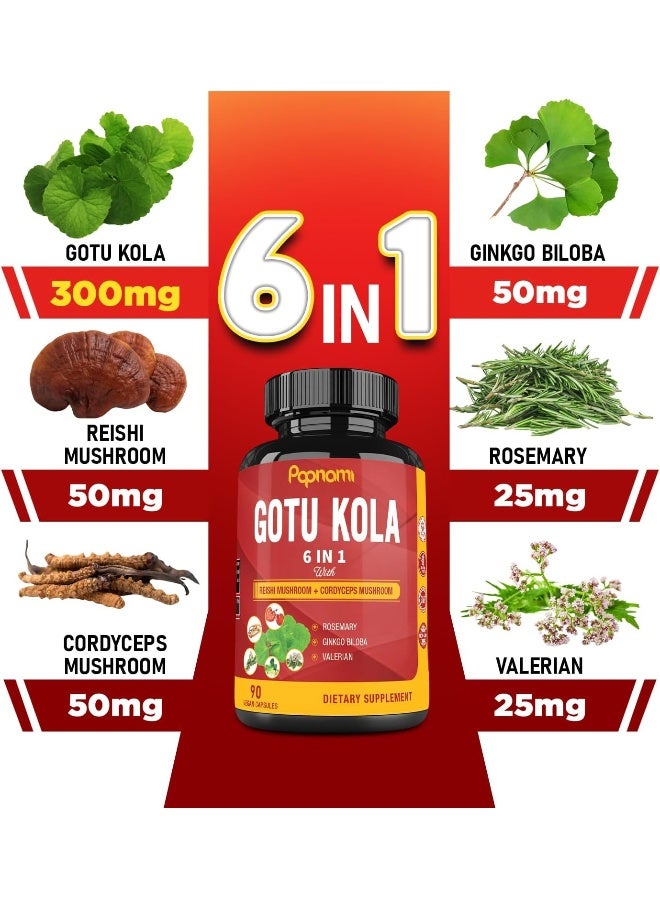 Papnami Organic Gotu Kola Extract Capsules Equivalent to 3200MG & Reishi, Cordyceps, Rosemary, Gingko Biloba, Valerian Powder | Brain Booster for Clarity Memory Focus| Nervous System Support, 3 Months Supply - Image 3